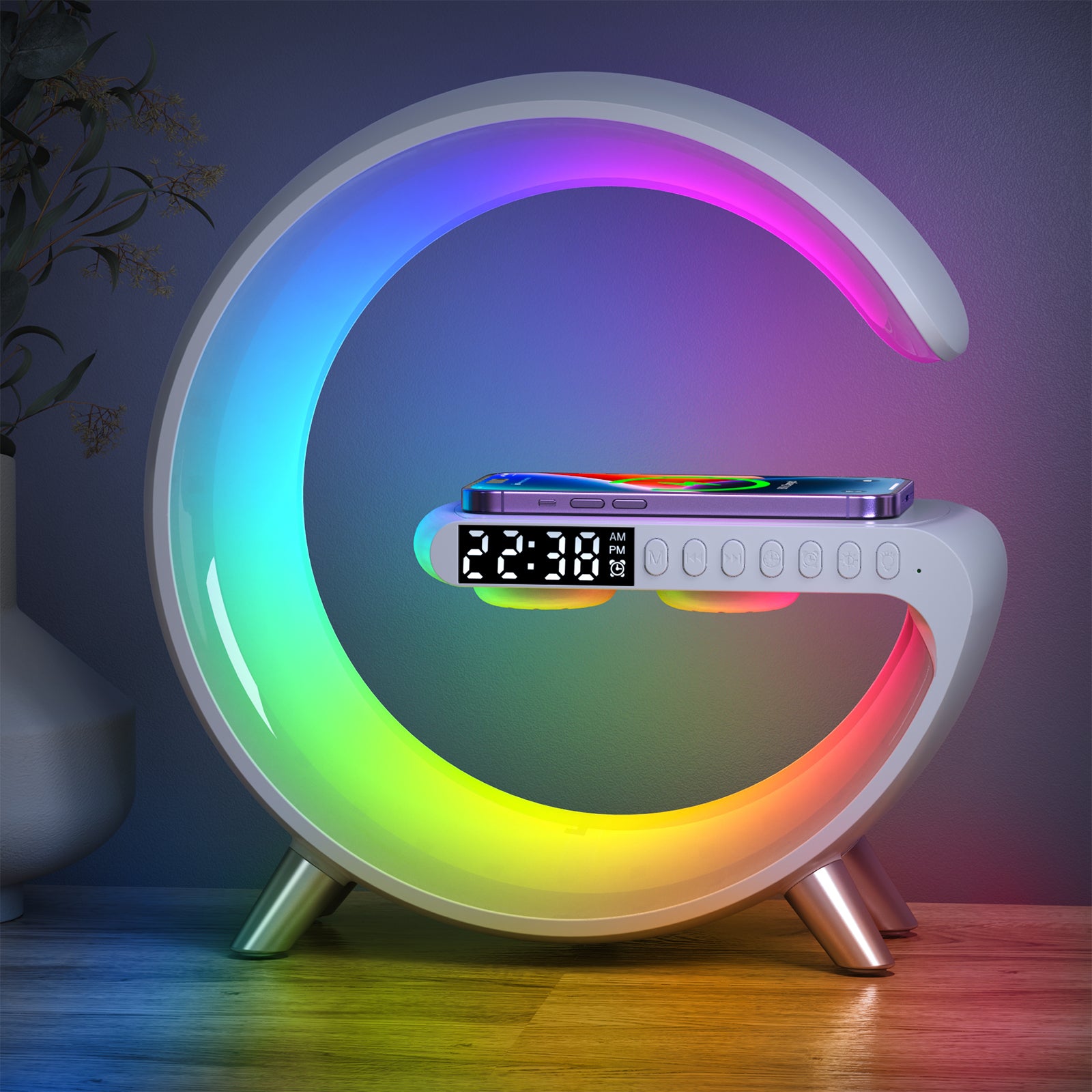 2022 Smart App Control RGB Night light Wireless Charger Lamp With Alarm Clock BT Speaker Bedside Wake Up Light